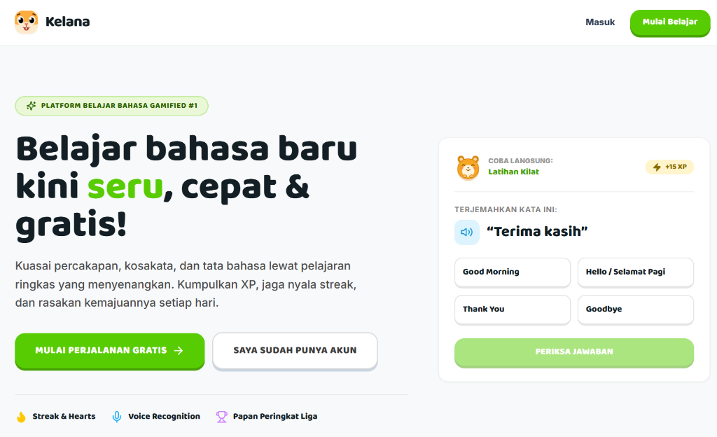Kelana language learning platform dashboard with Hangul keyboard composer and interactive micro-lessons